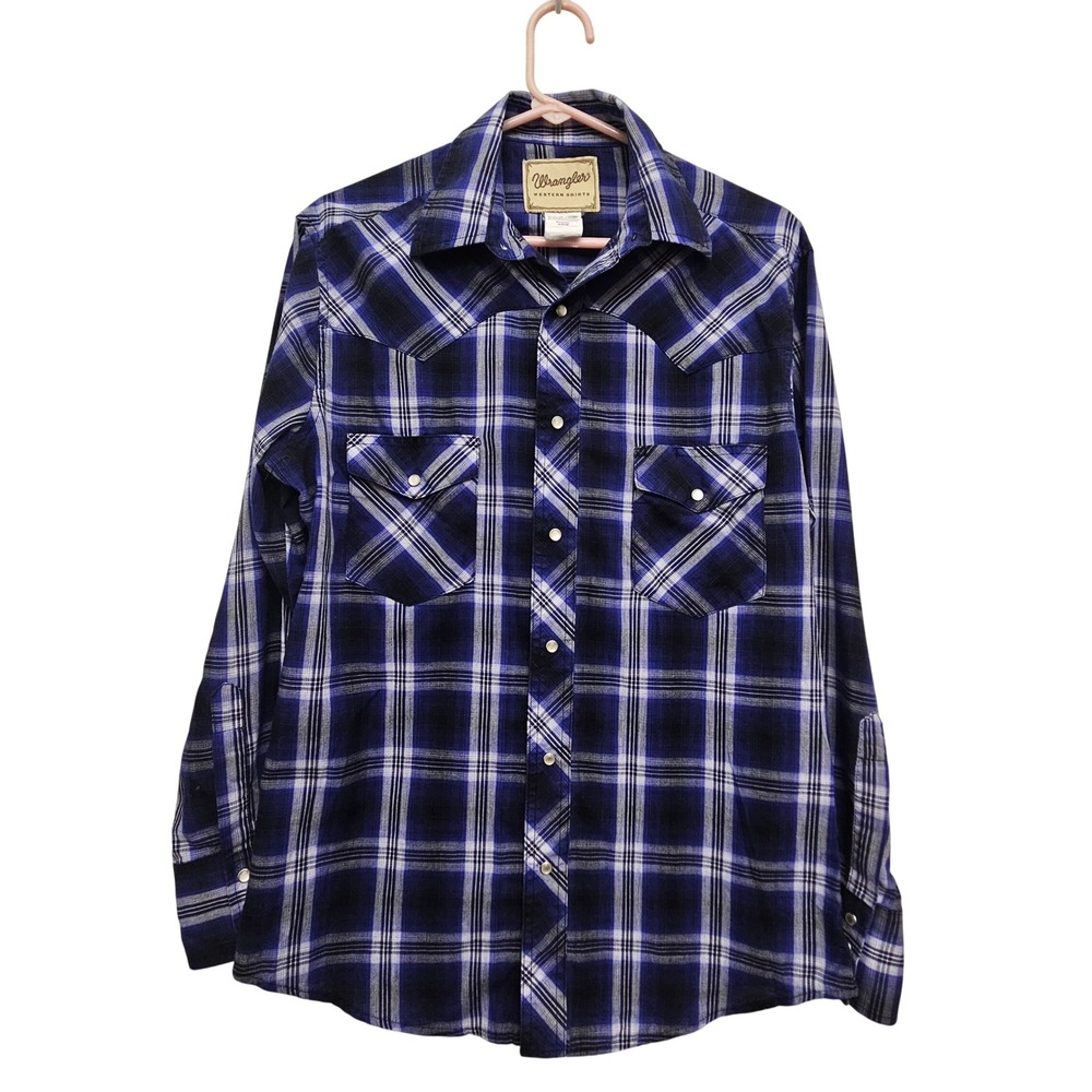 Wrangler Western Shirt Mens Medium Blue Black Plaid Pearl Snap Cowboy Americana